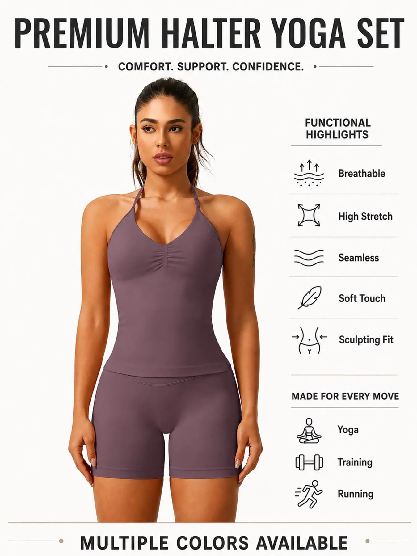 Women'S Solid Ruched Design Backless Halter Top & High Waist Shorts Tracksuit Set, Sporty Breathable Comfortable Two-Piece Outfits for Yoga Gym Workout Running, Breathable Activewear, High Stretch Activewear