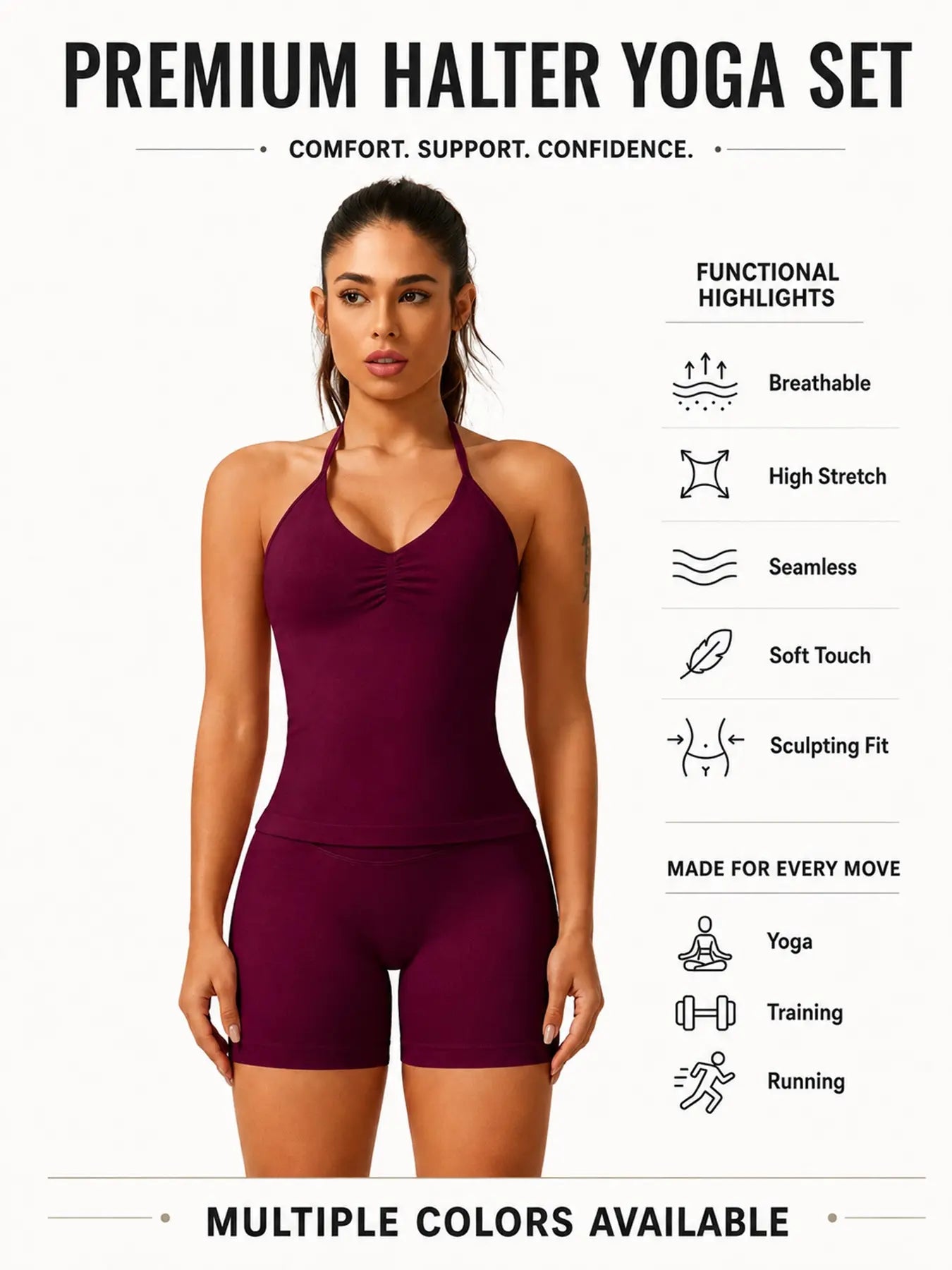 Women'S Solid Ruched Design Backless Halter Top & High Waist Shorts Tracksuit Set, Sporty Breathable Comfortable Two-Piece Outfits for Yoga Gym Workout Running, Breathable Activewear, High Stretch Activewear