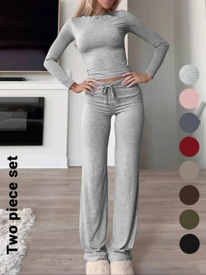 Women'S Solid-Color Long-Sleeve Soft Knit Fabric Crop Tee & High-Waisted Drawstring Pants Two-Piece Set, Casual Slim-Fit Everyday Outfit for Fall and Winter