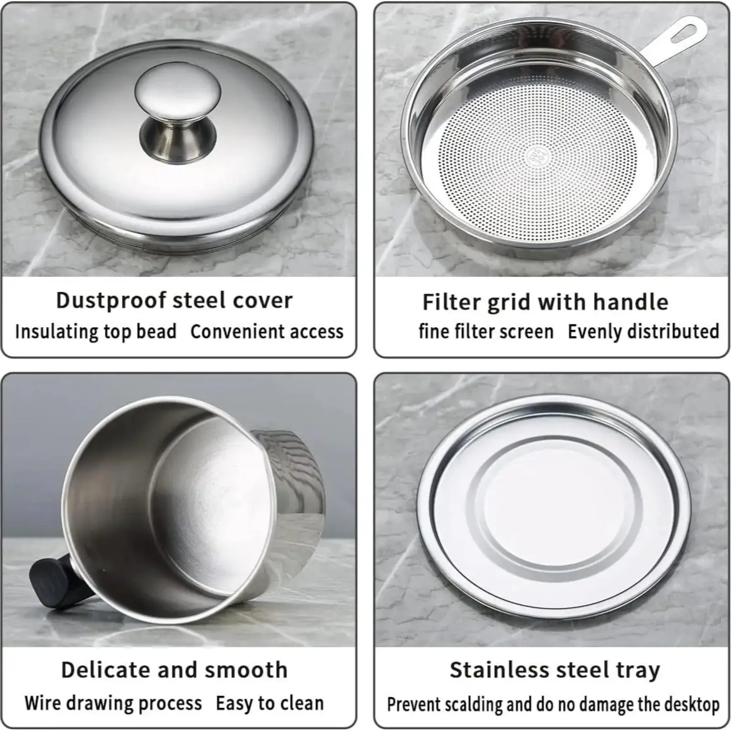 Stainless Steel Oil Pot, Kitchen Oil Dispenser with Tray and Lid, Olive Oil Dispenser, Oil Drip Drainer, Bacon Grease Container, Kitchen Gadget