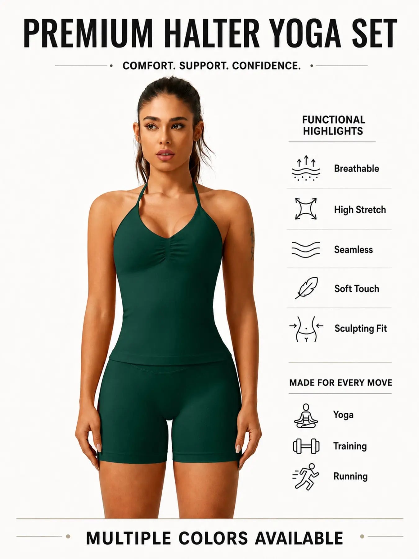 Women'S Solid Ruched Design Backless Halter Top & High Waist Shorts Tracksuit Set, Sporty Breathable Comfortable Two-Piece Outfits for Yoga Gym Workout Running, Breathable Activewear, High Stretch Activewear