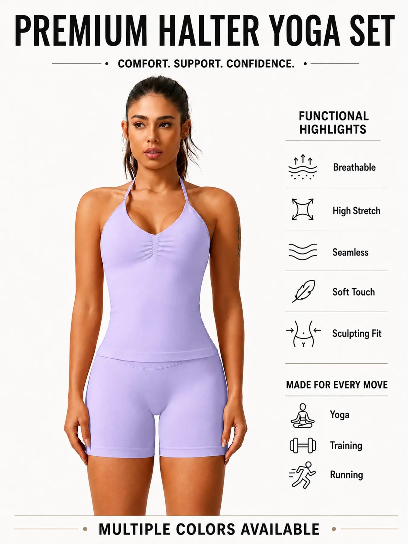 Women'S Solid Ruched Design Backless Halter Top & High Waist Shorts Tracksuit Set, Sporty Breathable Comfortable Two-Piece Outfits for Yoga Gym Workout Running, Breathable Activewear, High Stretch Activewear