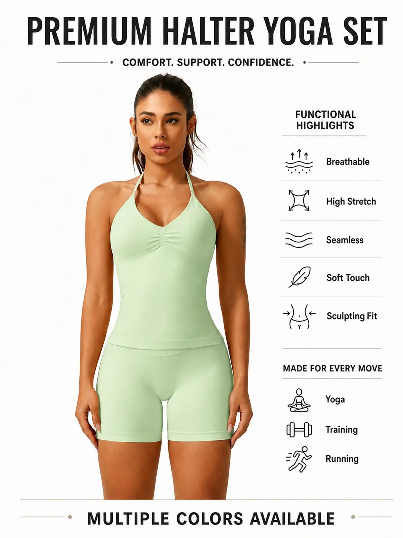 Women'S Solid Ruched Design Backless Halter Top & High Waist Shorts Tracksuit Set, Sporty Breathable Comfortable Two-Piece Outfits for Yoga Gym Workout Running, Breathable Activewear, High Stretch Activewear