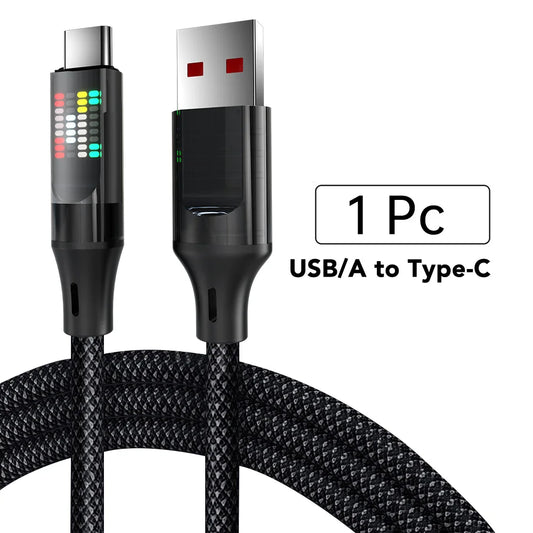 120W Type C Fast Charging Cable 6A USBA to Type C Nylon Data Cord for Xiaomi Samsung with Led Display USB C Cable