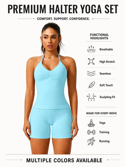 Women'S Solid Ruched Design Backless Halter Top & High Waist Shorts Tracksuit Set, Sporty Breathable Comfortable Two-Piece Outfits for Yoga Gym Workout Running, Breathable Activewear, High Stretch Activewear
