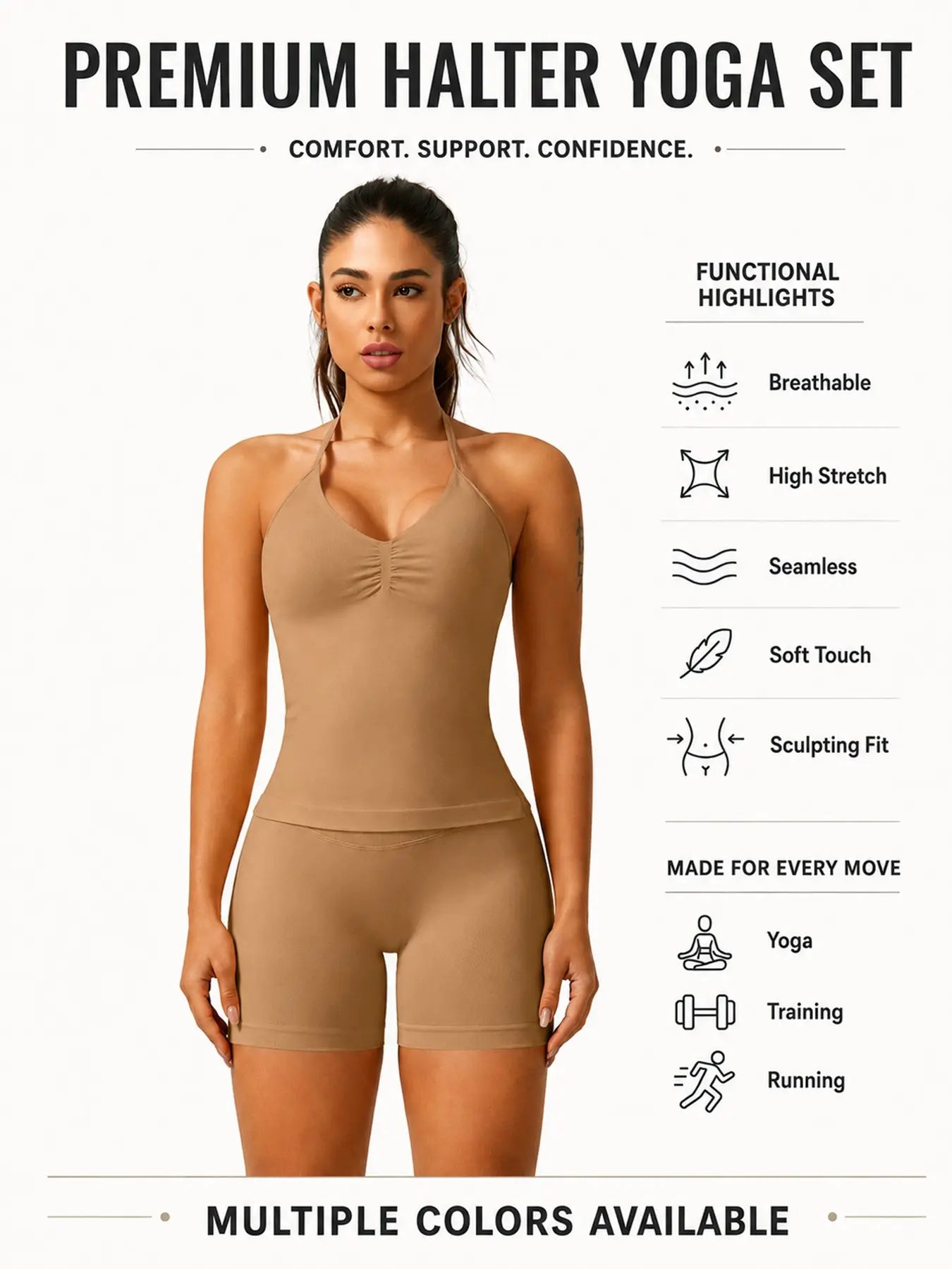 Women'S Solid Ruched Design Backless Halter Top & High Waist Shorts Tracksuit Set, Sporty Breathable Comfortable Two-Piece Outfits for Yoga Gym Workout Running, Breathable Activewear, High Stretch Activewear