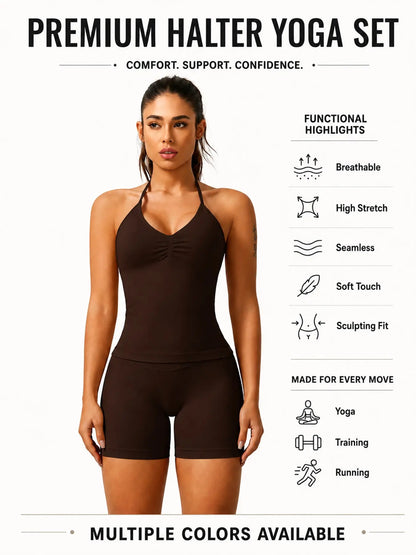 Women'S Solid Ruched Design Backless Halter Top & High Waist Shorts Tracksuit Set, Sporty Breathable Comfortable Two-Piece Outfits for Yoga Gym Workout Running, Breathable Activewear, High Stretch Activewear