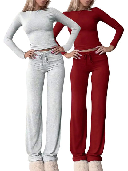 Women'S Solid-Color Long-Sleeve Soft Knit Fabric Crop Tee & High-Waisted Drawstring Pants Two-Piece Set, Casual Slim-Fit Everyday Outfit for Fall and Winter