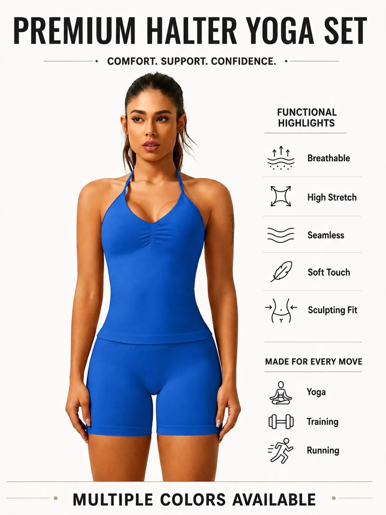 Women'S Solid Ruched Design Backless Halter Top & High Waist Shorts Tracksuit Set, Sporty Breathable Comfortable Two-Piece Outfits for Yoga Gym Workout Running, Breathable Activewear, High Stretch Activewear