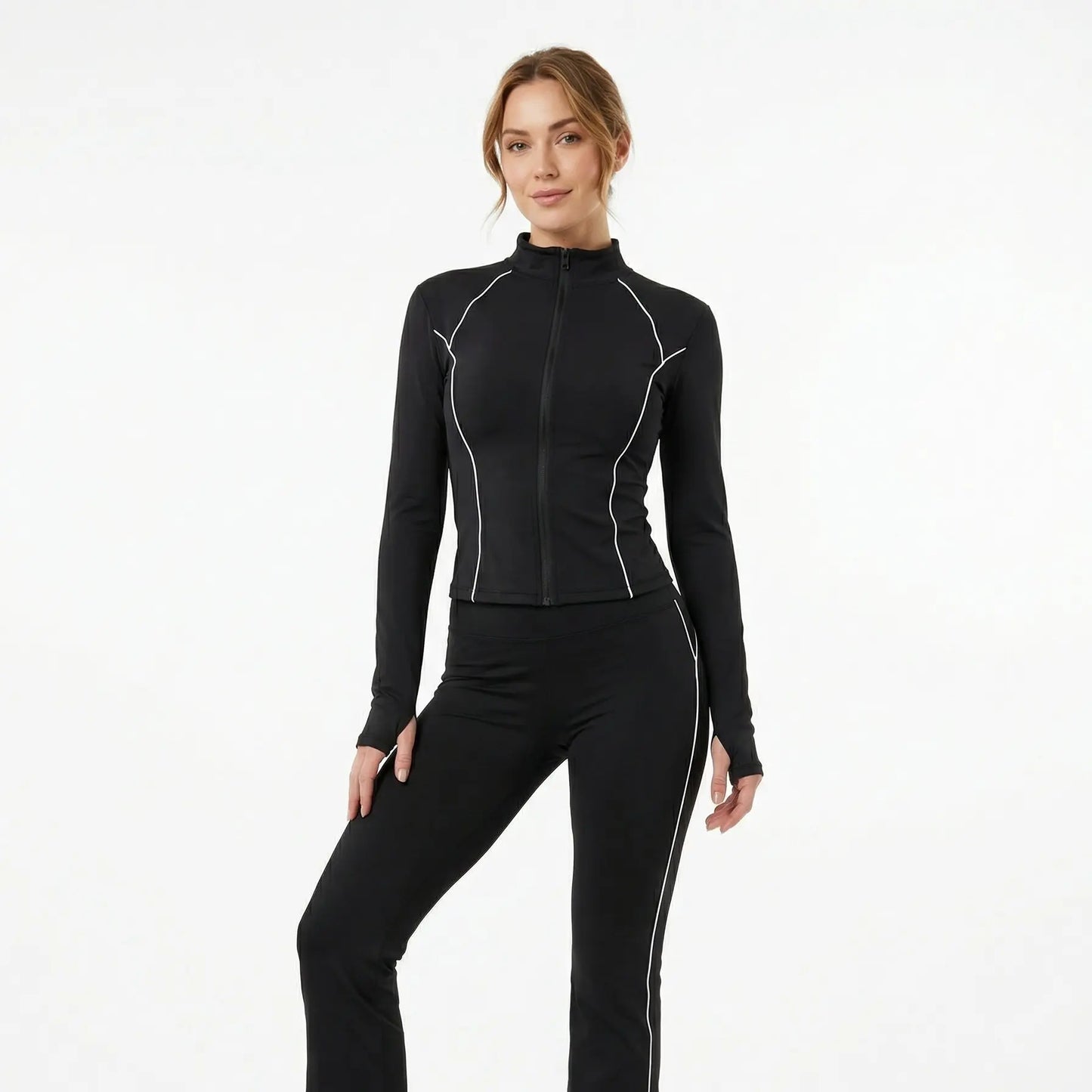 XELLE Women'S 2 Piece Yoga Set - Slim Fit Full Zip Track Jacket & High Waisted Flare Yoga Pants, Retro Contrasting Piping Sweatsuit with Thumb Holes for Gym Workout & Activewear