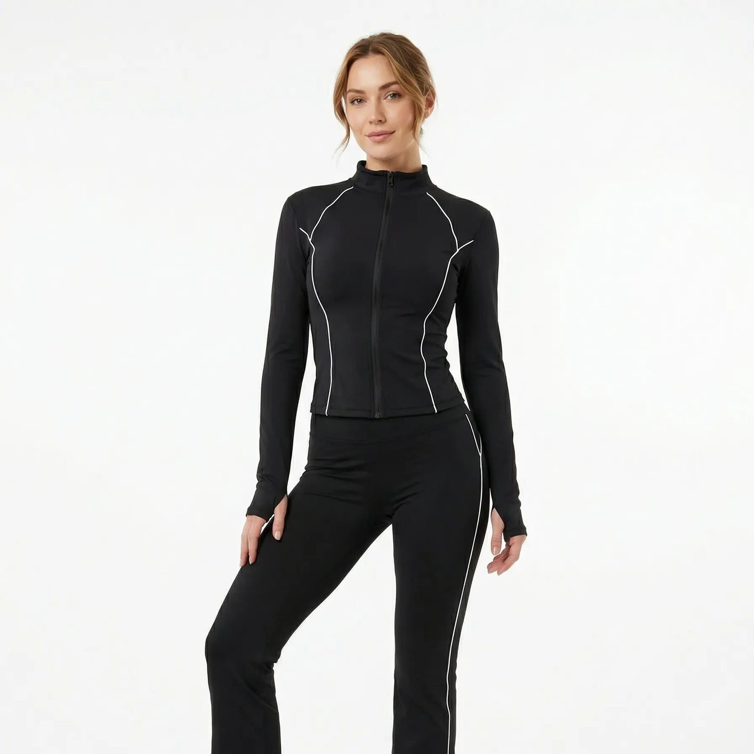 XELLE Women'S 2 Piece Yoga Set - Slim Fit Full Zip Track Jacket & High Waisted Flare Yoga Pants, Retro Contrasting Piping Sweatsuit with Thumb Holes for Gym Workout & Activewear