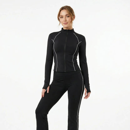 XELLE Women'S 2 Piece Yoga Set - Slim Fit Full Zip Track Jacket & High Waisted Flare Yoga Pants, Retro Contrasting Piping Sweatsuit with Thumb Holes for Gym Workout & Activewear