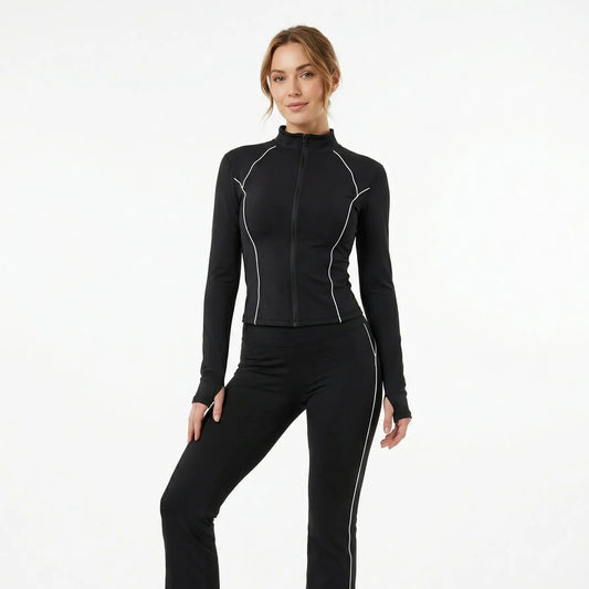 XELLE Women'S 2 Piece Yoga Set - Slim Fit Full Zip Track Jacket & High Waisted Flare Yoga Pants, Retro Contrasting Piping Sweatsuit with Thumb Holes for Gym Workout & Activewear