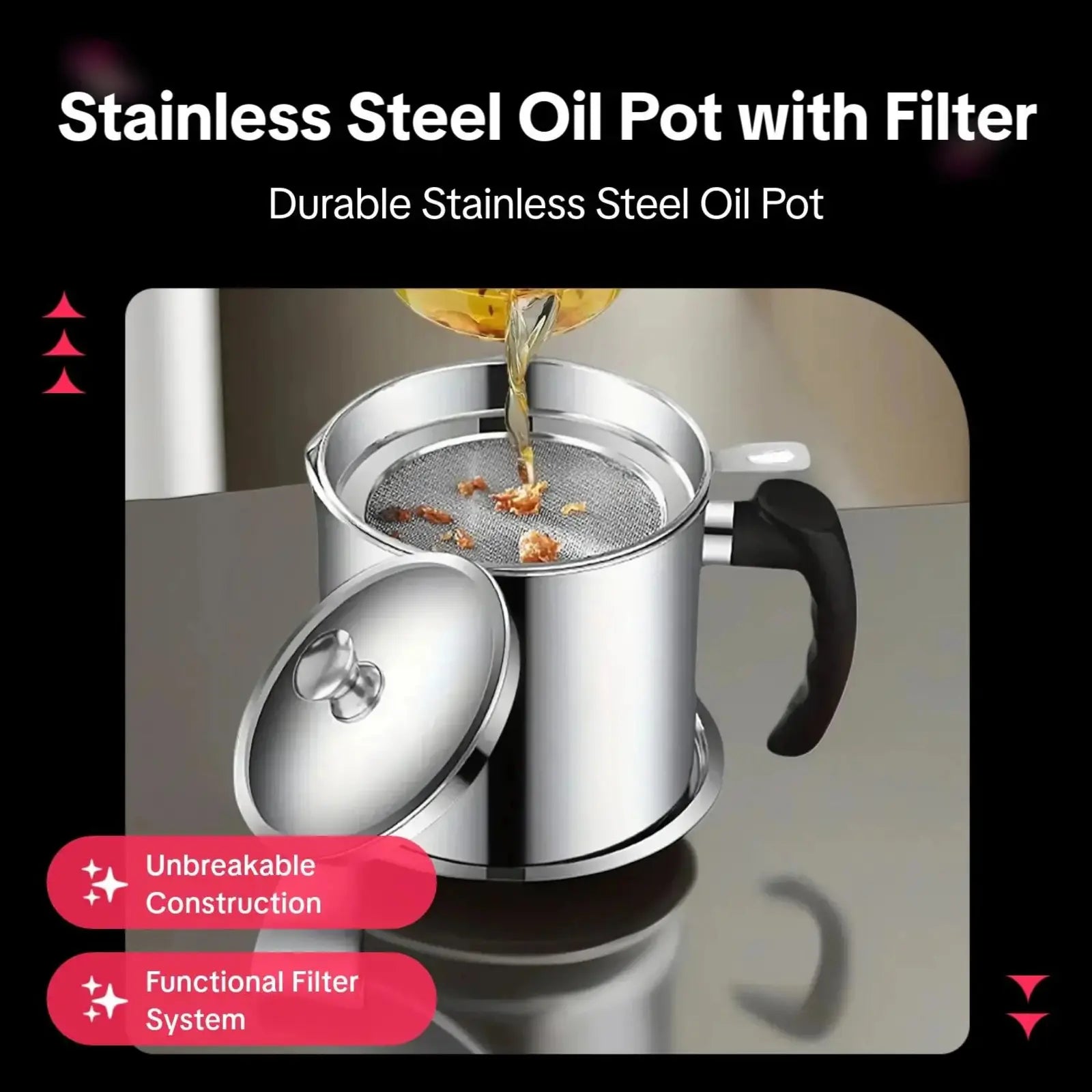Stainless Steel Oil Pot, Kitchen Oil Dispenser with Tray and Lid, Olive Oil Dispenser, Oil Drip Drainer, Bacon Grease Container, Kitchen Gadget