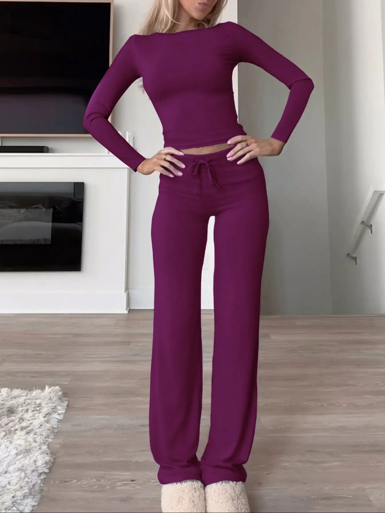 Women'S Solid-Color Long-Sleeve Soft Knit Fabric Crop Tee & High-Waisted Drawstring Pants Two-Piece Set, Casual Slim-Fit Everyday Outfit for Fall and Winter