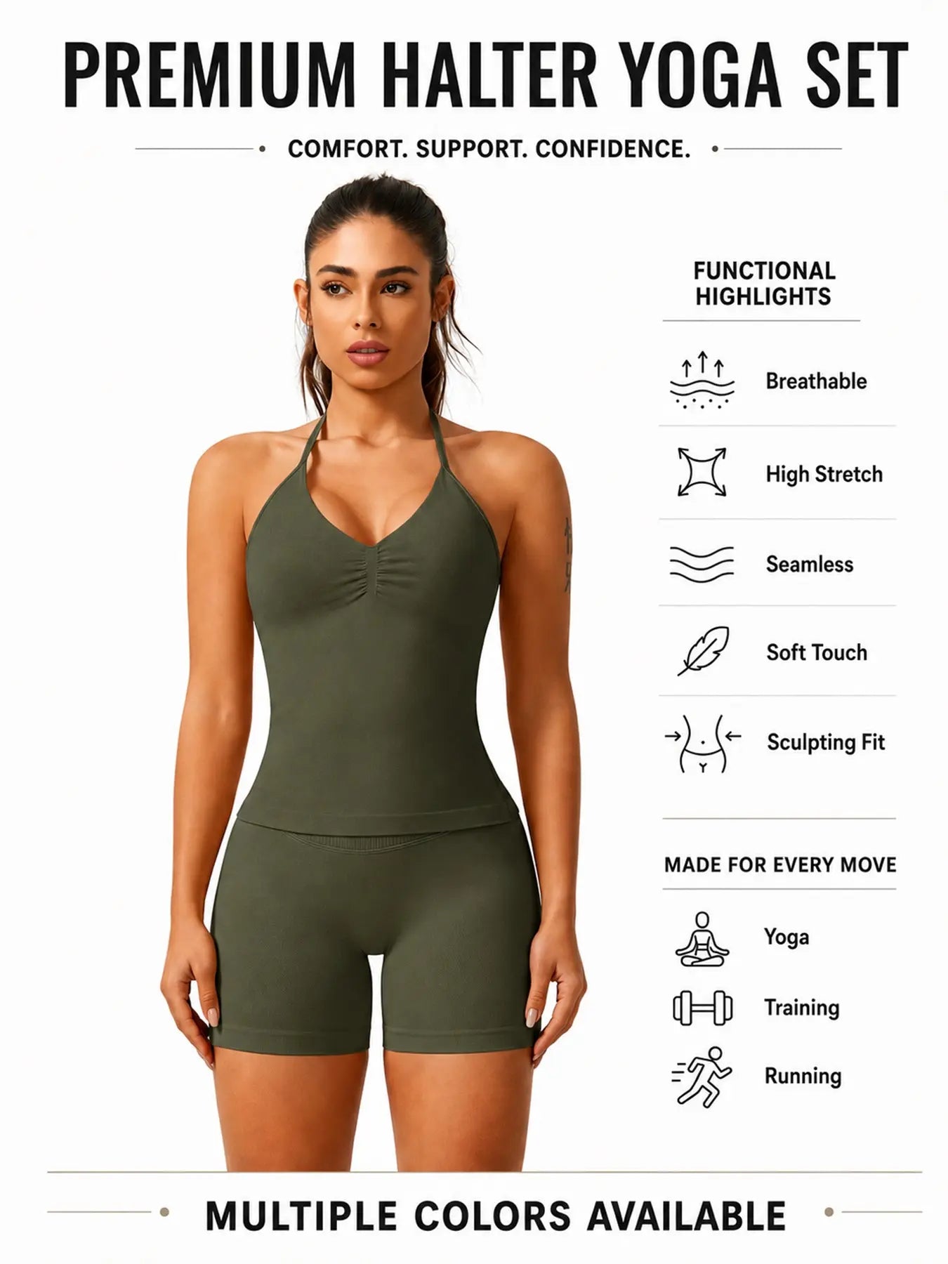 Women'S Solid Ruched Design Backless Halter Top & High Waist Shorts Tracksuit Set, Sporty Breathable Comfortable Two-Piece Outfits for Yoga Gym Workout Running, Breathable Activewear, High Stretch Activewear