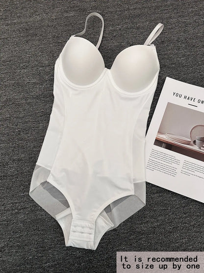 Women'S Deep V Backless Body Shaping Shapewear Bodysuit Adjustable, Ruched Design Sheer Top, Regular Length Casual Underwear for All Seasons Shaper