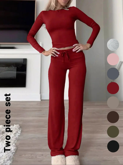 Women'S Solid-Color Long-Sleeve Soft Knit Fabric Crop Tee & High-Waisted Drawstring Pants Two-Piece Set, Casual Slim-Fit Everyday Outfit for Fall and Winter