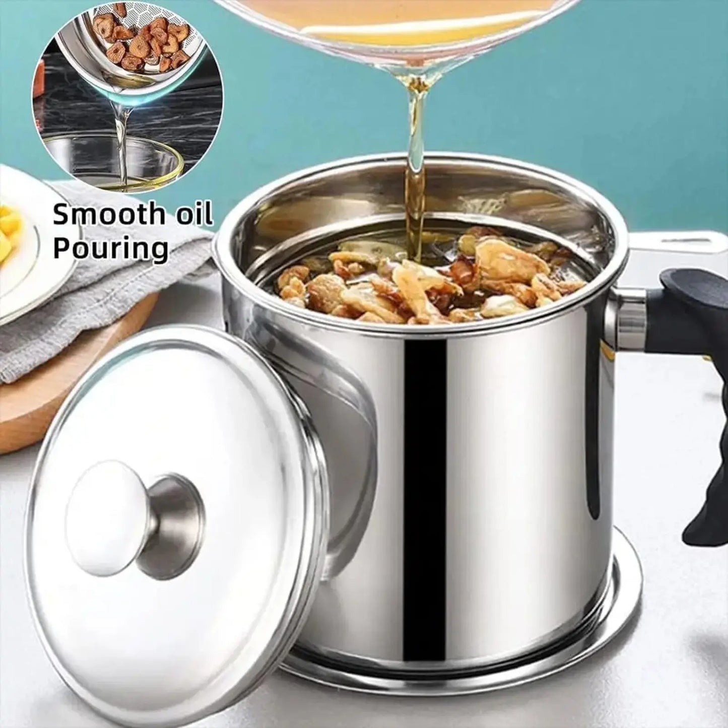 Stainless Steel Oil Pot, Kitchen Oil Dispenser with Tray and Lid, Olive Oil Dispenser, Oil Drip Drainer, Bacon Grease Container, Kitchen Gadget