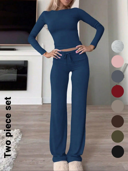Women'S Solid-Color Long-Sleeve Soft Knit Fabric Crop Tee & High-Waisted Drawstring Pants Two-Piece Set, Casual Slim-Fit Everyday Outfit for Fall and Winter