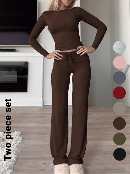 Women'S Solid-Color Long-Sleeve Soft Knit Fabric Crop Tee & High-Waisted Drawstring Pants Two-Piece Set, Casual Slim-Fit Everyday Outfit for Fall and Winter