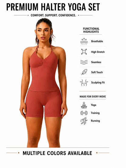 Women'S Solid Ruched Design Backless Halter Top & High Waist Shorts Tracksuit Set, Sporty Breathable Comfortable Two-Piece Outfits for Yoga Gym Workout Running, Breathable Activewear, High Stretch Activewear