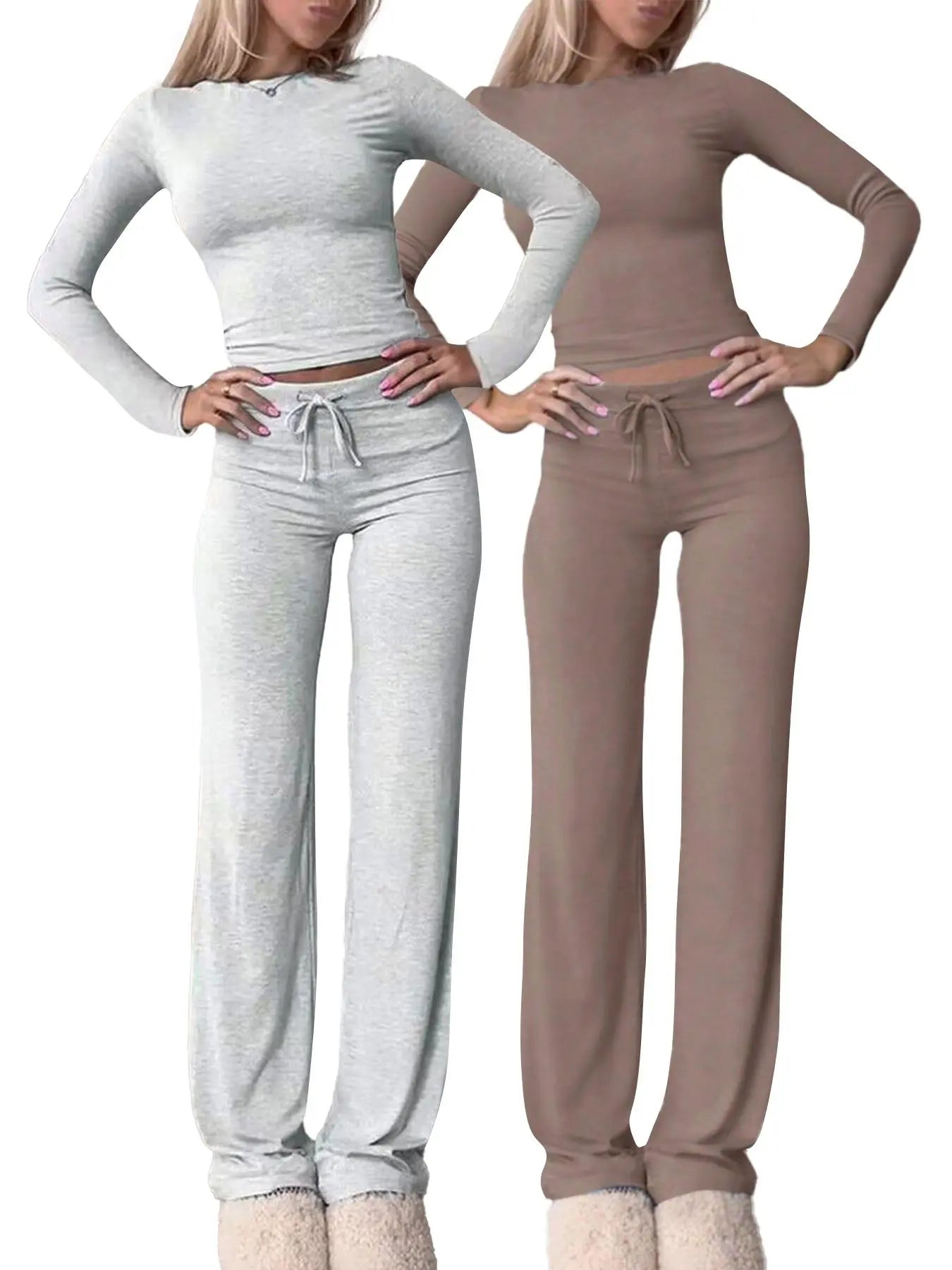 Women'S Solid-Color Long-Sleeve Soft Knit Fabric Crop Tee & High-Waisted Drawstring Pants Two-Piece Set, Casual Slim-Fit Everyday Outfit for Fall and Winter