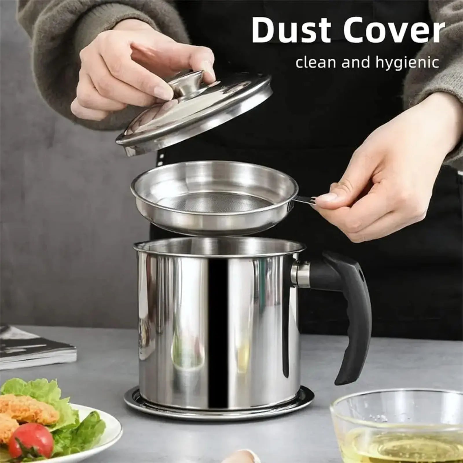 Stainless Steel Oil Pot, Kitchen Oil Dispenser with Tray and Lid, Olive Oil Dispenser, Oil Drip Drainer, Bacon Grease Container, Kitchen Gadget