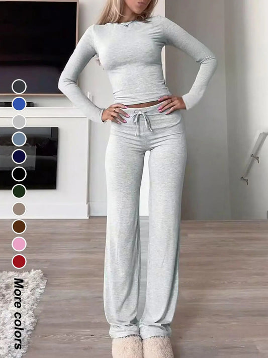 Women'S Solid-Color Long-Sleeve Soft Knit Fabric Crop Tee & High-Waisted Drawstring Pants Two-Piece Set, Casual Slim-Fit Everyday Outfit for Fall and Winter