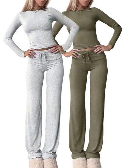 Women'S Solid-Color Long-Sleeve Soft Knit Fabric Crop Tee & High-Waisted Drawstring Pants Two-Piece Set, Casual Slim-Fit Everyday Outfit for Fall and Winter