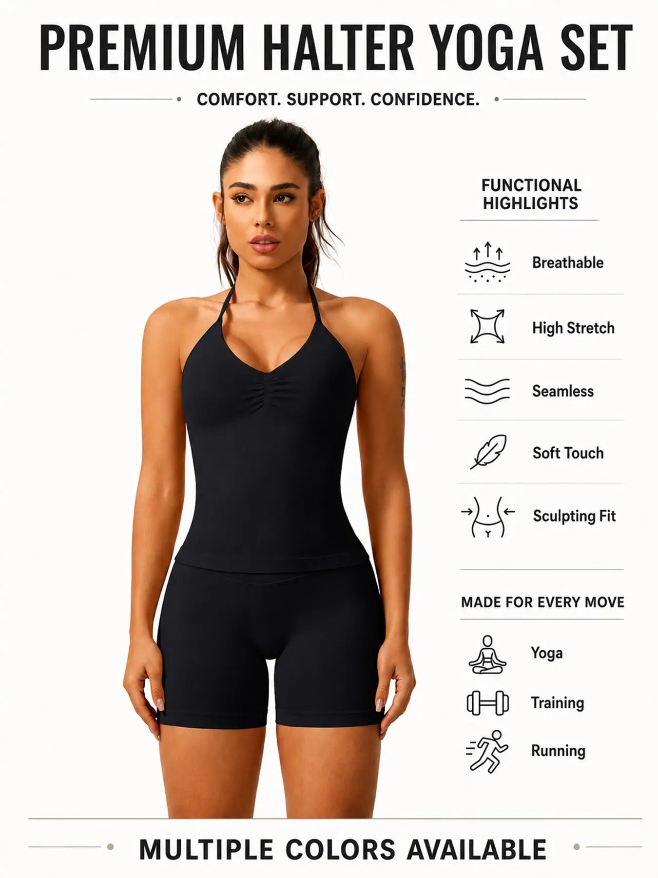 Women'S Solid Ruched Design Backless Halter Top & High Waist Shorts Tracksuit Set, Sporty Breathable Comfortable Two-Piece Outfits for Yoga Gym Workout Running, Breathable Activewear, High Stretch Activewear